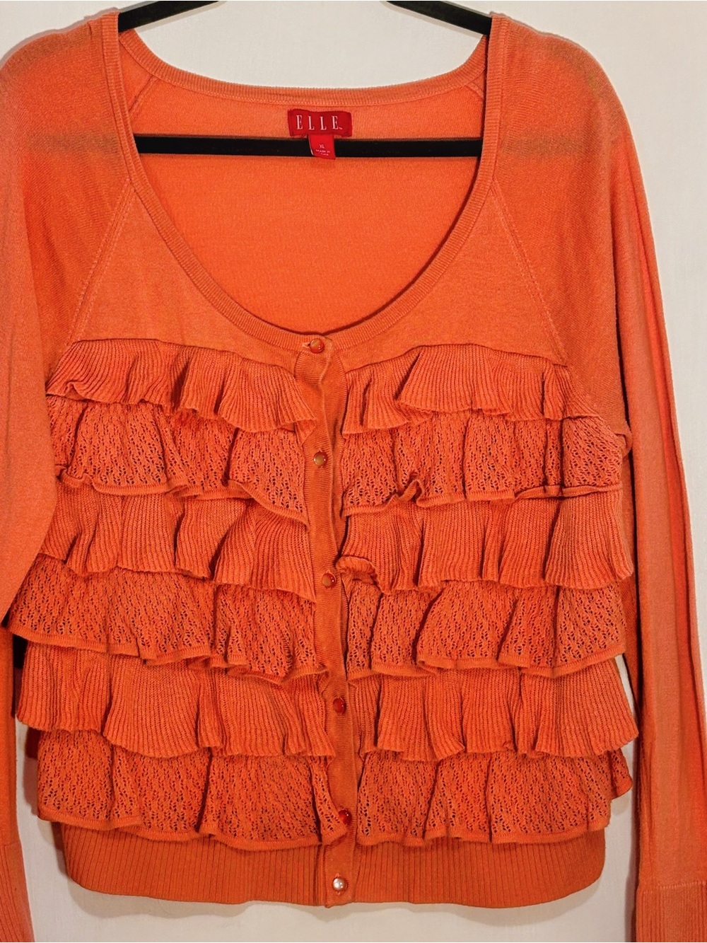 ELLE Orange Ruffle-Front Button Cardigan